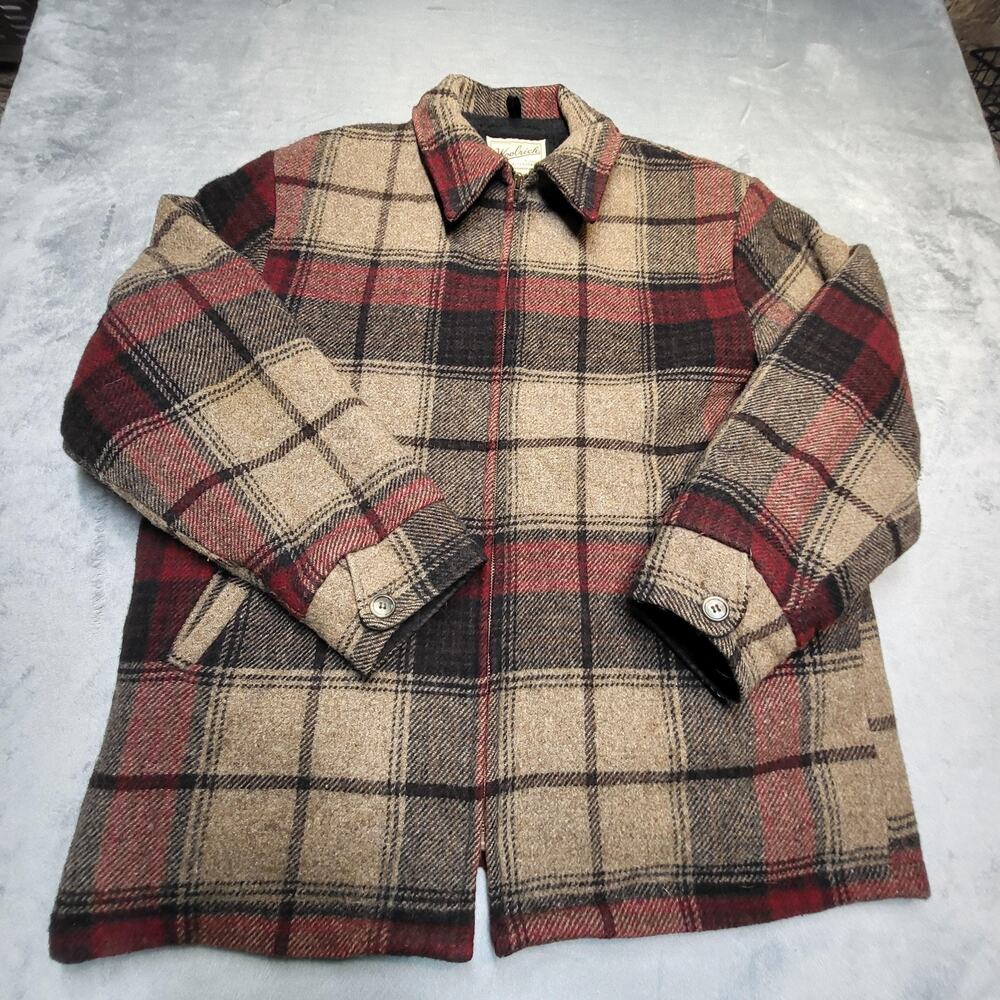 Vintage Woolrich Jacket Mens Large Red Tan Glen Plaid Wool‎ Fleece Lined USA 90s